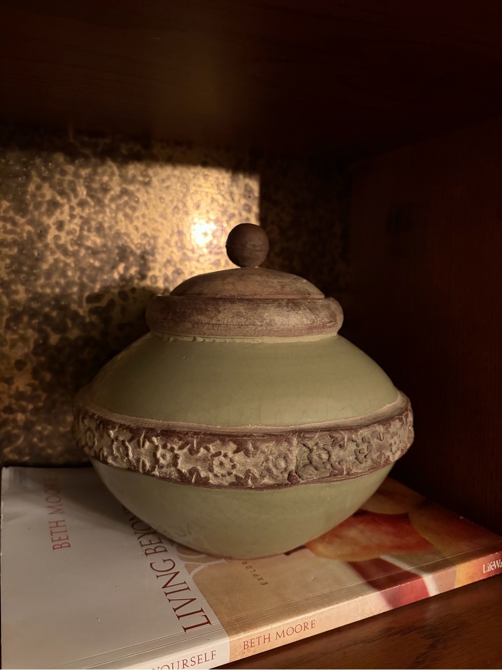 Vintage Philippine Pottery Ginger Jar Sage Green Crackle Glaze